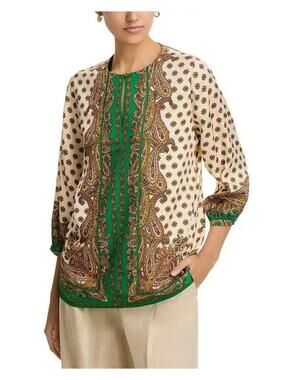 375$ Elie Tahari Isa Paisley Round Neck Blouse Top Long Sleeve Size XS Beige